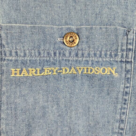 Vtg 1997 Harley Davidson Shirt Mens Large Blue Denim Button Short Sleeve Logo - Picture 2 of 6